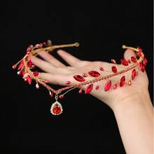 1pc Ruby Red Crystal & Rhinestone Pendant Headband Gold Wire Princess Tiara Crown Bridal Wedding Party Hair Accessories - Red - View 8