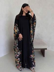 1pc Floral Print Batwing Sleeve Loose Long Dress, Casual Slouchy, Women's Muslim Dubai Style Robe - Multicolor - View 9