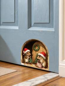1pc Christmas Mouse Hole Wall Sticker - Cute Christmas Mouse Decoration With Mini Christmas Tree Pattern, Wooden Christmas Theme Mouse Semi-Circular Mouse Pattern Decorative Sticker, Realistic Mouse Hole Door Sticker, Removable Home Decor Sticker (Suitable For Cabinet Doors And Christmas Holiday Decoration), Christmas Baby Shower Party Decoration - Multicolor - View 4