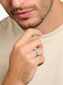 1Pc Men's Silvery Ring Inlay Meteorite Interstellar Ring Hammered Wedding Band - Vintage Style Fashion Engagement & Wedding Band - Hammered - View 6