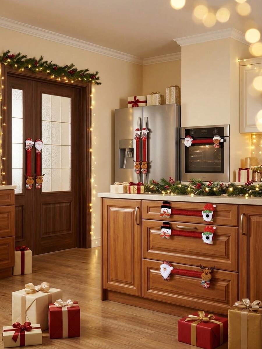 2/4pcs Christmas Handle Covers, Santa Claus Snowman Reindeer Holiday Handle Decor, Suitable For Doors, Refrigerators, Ovens, Microwaves, Cabinets And Drawers Kitchen And Home Holiday Decoration - Multiple Styles - View 1