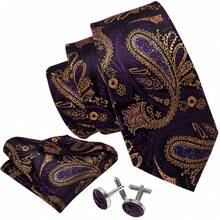Juego de 4 piezas de corbata, pañuelo de bolsillo, gemelos y clip de corbata con estampado jacquard de cachemira púrpura para hombre, gemelos con patrón aleatorio - Morado - Ver 3
