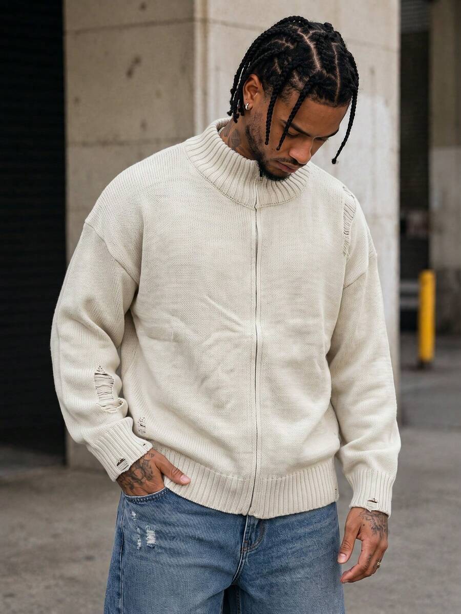 BLACKTOEXIT Men's Half-High Neck Zipper Knit Cardigan, Distressed Ripped Design, Beige Loose Fit Dropped Shoulder American Vintage Long Sleeve Sweater Jacket - Apricot - View 1