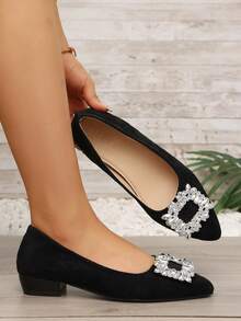 Elegant Black Faux Suede Pointed Toe Low Chunky Heel Women's Shoes, Rhinestone Square Buckle Low Vamp Ballet Shoes, Versatile Formal Shoes For Workplace And Daily Wear - Black - View 6