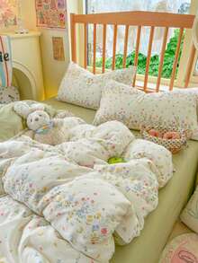 Fresh Floral Down Comforter Cover 4-Piece Set, Pastoral Aesthetic Colorful Small Flower Bedding, Includes 1*Duvet Cover+1*Bed Sheet+2*Pillowcases, With Zipper Design, Soft Botanical Room Decor, Solid Color Bed Sheet, Versatile For Daily Use, No Filling Included - Pastel Green - View 1