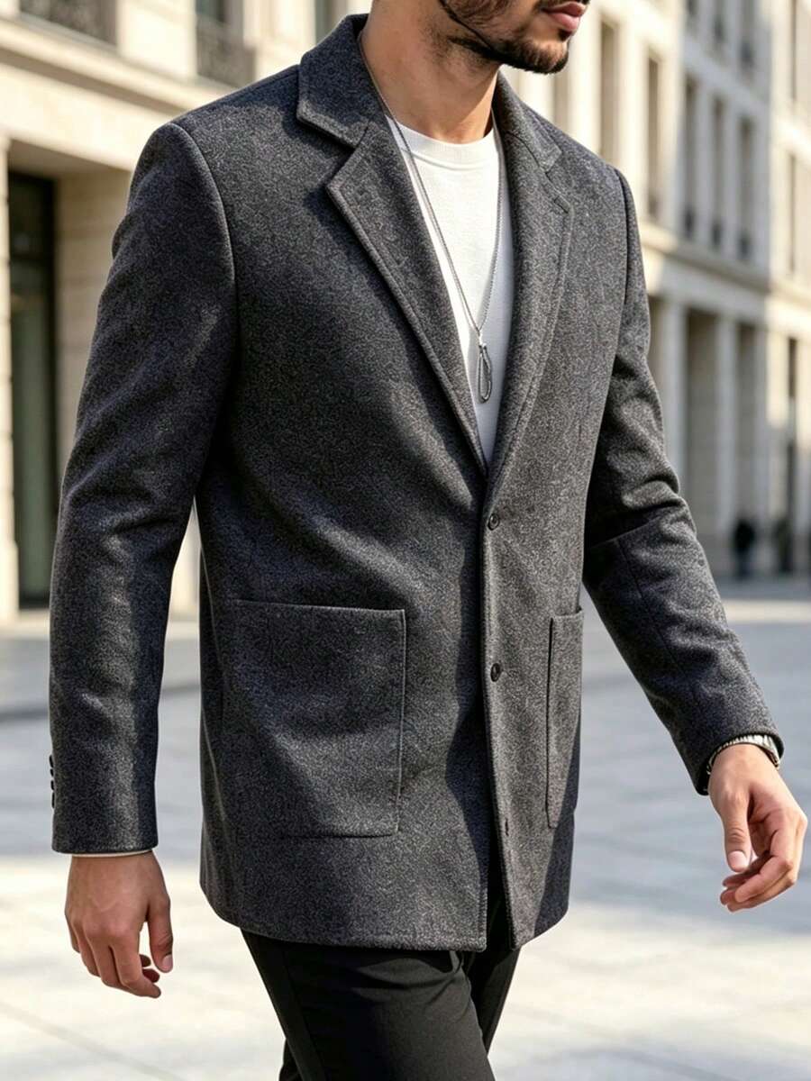 Men's Wool Blend Blazer Coat With Lapel Collar, Business Casual Double Pockets Mid-Length Overcoat, Fashionable Outerwear - Grey - View 1