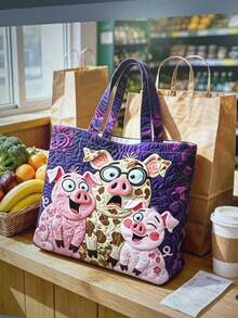 Women's Tote Bag, Quilted Canvas With 3D Floral & Animal Prints, Large Capacity Shoulder Bag, Boho Art Style For Beach, Shopping & Daily Use - Multicolor - View 7