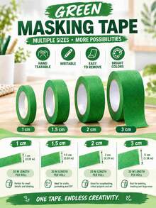 Green Masking Tape, Hand Tearable Writable Washi Tape, Removable Craft Tape For Scrapbooking, Journaling, DIY & Painting - Green - View 1