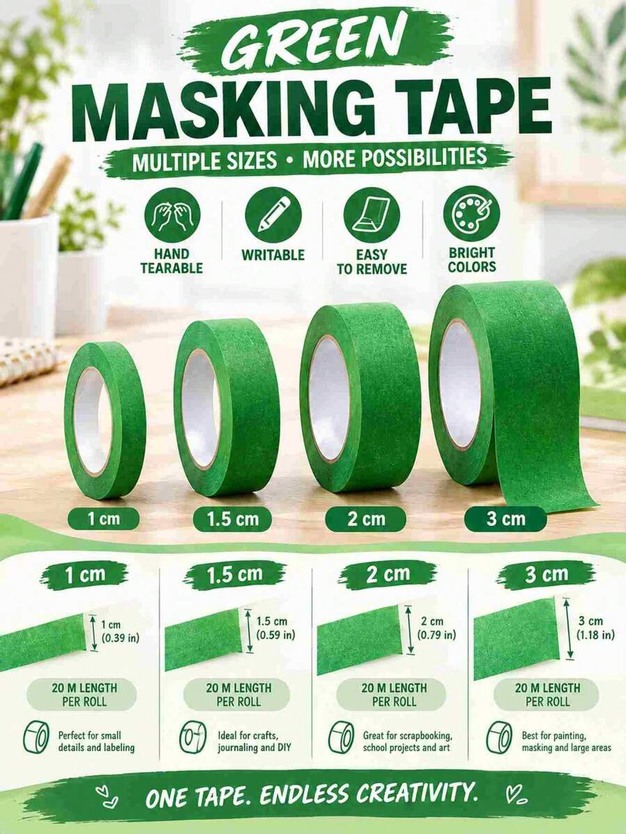 Green Masking Tape, Hand Tearable Writable Washi Tape, Removable Craft Tape For Scrapbooking, Journaling, DIY & Painting - Green - View 1