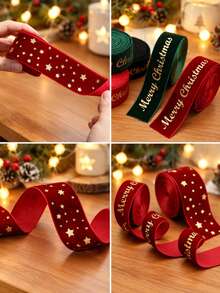 2M Christmas Velvet Ribbon Roll, Gold Foil Printed Wired Ribbon With Merry Christmas, Reindeer And Star Designs, Soft Decorative Gift Wrapping Ribbon For Christmas Tree Bows, Wreaths, Garlands, Gift Boxes, Holiday Party Decor And DIY Crafts Set - Multi-color - View 4