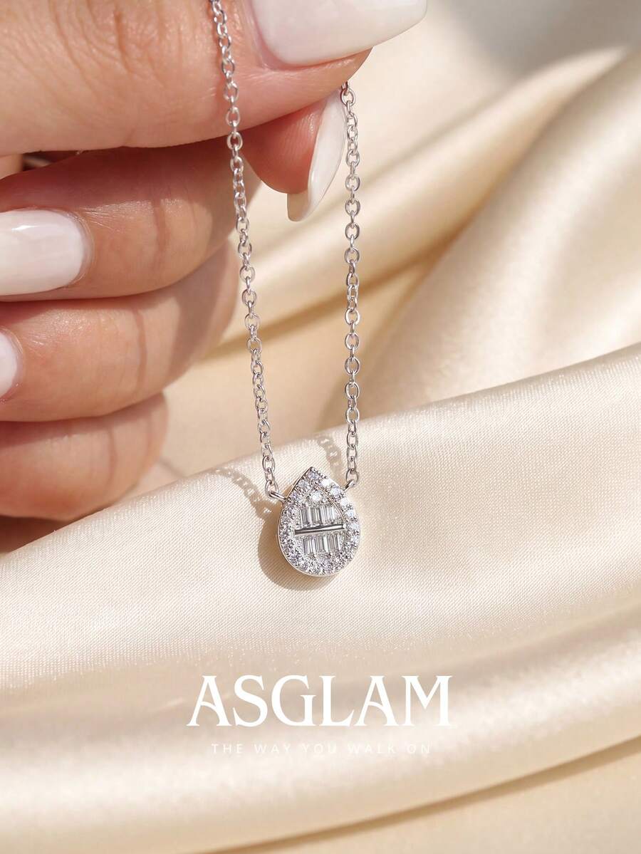 1pc Women's Sparkling Zirconia Pear-Shaped Fully Paved Necklace, Daily Wear Party Birthday Anniversary Jewelry Gift - Silver - View 1