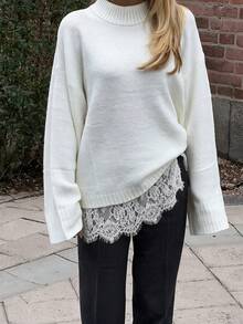 Fall/Winter White High Neck Lace Patchwork Sweater, Going Out To Business Knit Long Sleeve Top - White - View 4