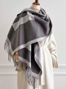 1pc Oversized Letter Jacquard Tassel Warm Scarf 195*65cm, Thick Brushed‑Polyester Faux Cashmere, Fall Winter Multi‑Use As Scarf Shawl For Travel Party - Multicolor - View 8