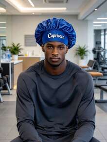 Men 12 Zodiac Signs Satin Hair Bonnet, Horoscope Letter Print Sleep Cap, Wide Elastic Band Silky Night Cap, Soft Satin Headwear For Hair Protection - Blue - View 6