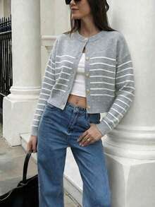 Women's Spring/Autumn New French Romantic Minimalist Versatile Slouchy College Style Elegant Loose Knit Cardigan Top - Light Gray - View 4