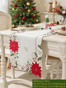 ABEST6522 Home&Living store 1 buah Taplak Meja Bordir Poinsettia Natal, Campuran Poliester dan Linen, Bendera Meja Meriah, Dekorasi Meja Makan Liburan Natal untuk Pesta Pernikahan dan Dekorasi Rumah - MultiWarna - View 17