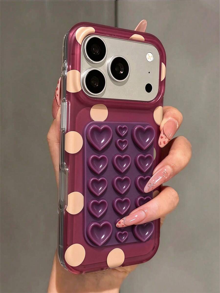 Minimalist Candy Color Polka Dot Heart Suction Cup Sticker Phone Case, Compatible With IPhone 18 Pro Max 18 Pro 17 Pro Max 17 Pro 17 16 Pro Max 16 Pro 16 15 Pro Max 15 Pro 14 Pro Max 14 Pro 13, Minimalist Matte Semi-Transparent Shockproof Protective Shell