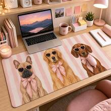 Pink Fashion Glasses Dog Extended Mouse Pad, French Bulldog Golden Retriever Dachshund Bow Illustration Large Desk Mat, Non-Slip Smooth Fabric + Natural Rubber, Suitable For Home Office Gaming Study Desk, 4 Sizes Available - View 4