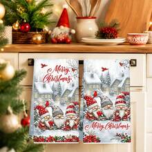 2pcs/Set, 18x26in Christmas Gnome & Red Flower Pattern Towel Set, Quick Dry Kitchen Cleaning Cloth, Soft Absorbent Towel Set, Kitchen Decor, Home Decor, Christmas Decoration, Christmas Gift For Friends. - White - View 6