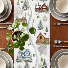 1Pc Polyester Christmas Table Runner, Winter Snow Village & Snowy Christmas Tree Print, Snow Scene House Pattern, Holiday Dining Table Decor For Christmas Party Home Room Decoration - A - View 4