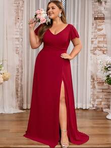 Plus Size Women's Chiffon Slit Ruffle Short Sleeve Elegant Bridesmaid Dress - Burgundy - View 5