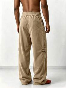 Autumn/Winter Vintage Corduroy Men's Casual Pants With Side Button Design, Loose Leg, Wide Leg Long Pants - Khaki - View 3