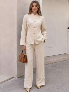 Women's Apricot 2 Pieces Set Non-Stretch Stand Collar Frog Button Long Sleeve Top & Wide Leg Pants Casual Outfit - Apricot - View 5