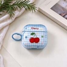 1pc Blue Checkerboard Red Cherry & Star Print TPU Earphone Case, Full Coverage Shockproof Protection, Wavy Edge With Matching Color Hanging Ring, Compatible With Apple Bluetooth Earphones, Fresh Summer Blue & White Checkerboard With Plump Cherry Pattern, Includes "Cherry" Text, Energetic Girl Style, Built-In Hanging Ring For Easy Attachment To Bags To Prevent Loss, Precise Cutouts For Charging Without Removing Case, Glossy Transparent Shell With Durable Print, Refreshing & Vibrant Color Scheme, Classic & Timeless, Summer Vibe, Versatile & Cute Earphone Protective Cover - Blue - View 2
