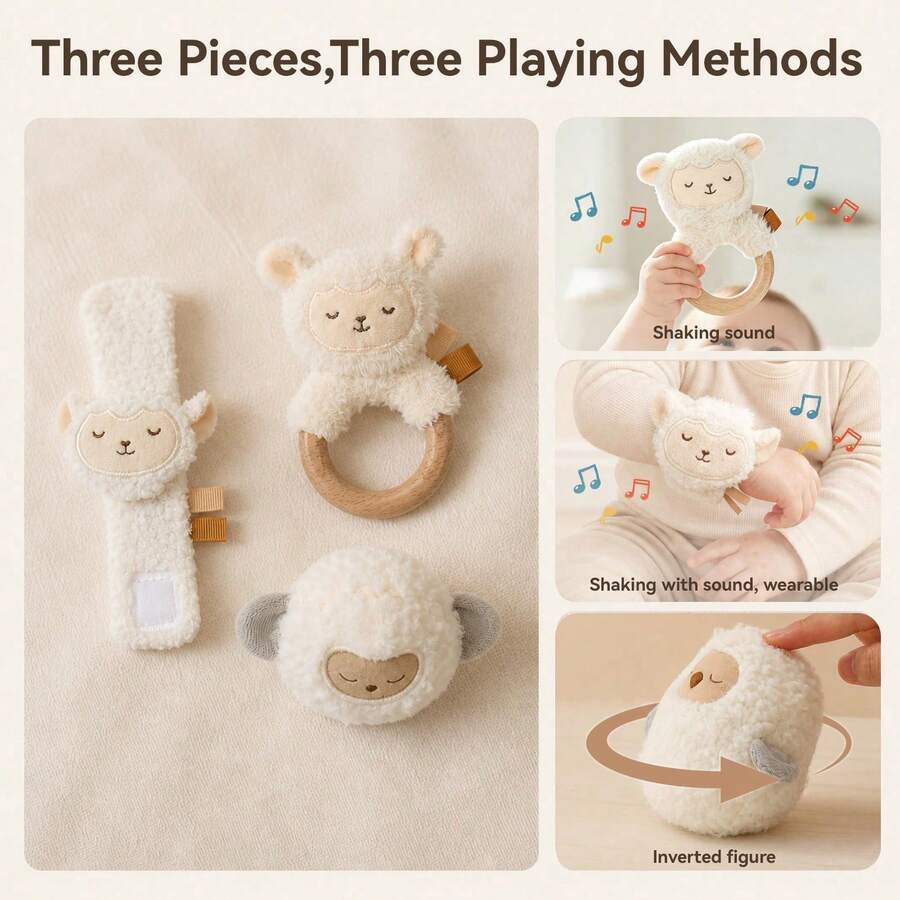 3PCS Baby Plush Toy Set, Sheep Rattle Ring, Sheep Wrist Rattle & Cotton Owl Roly‑Poly Tumbler, Infant Sensory Soothing Play Toy, Baby Shower Gift