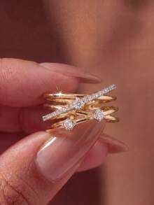 1pc Cross Line Ring, Inlaid With Sparkling Zirconia, Unisex, Suitable For Daily Wear Or Party Accessory. High-Quality Ring, Exquisite Jewelry, Perfect Gift. - Intersecting Lines - View 3