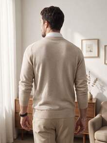 Men's V-Neck Solid Color Thick Knitted Sweater, Straight Fit, Autumn/Winter - Apricot - View 6