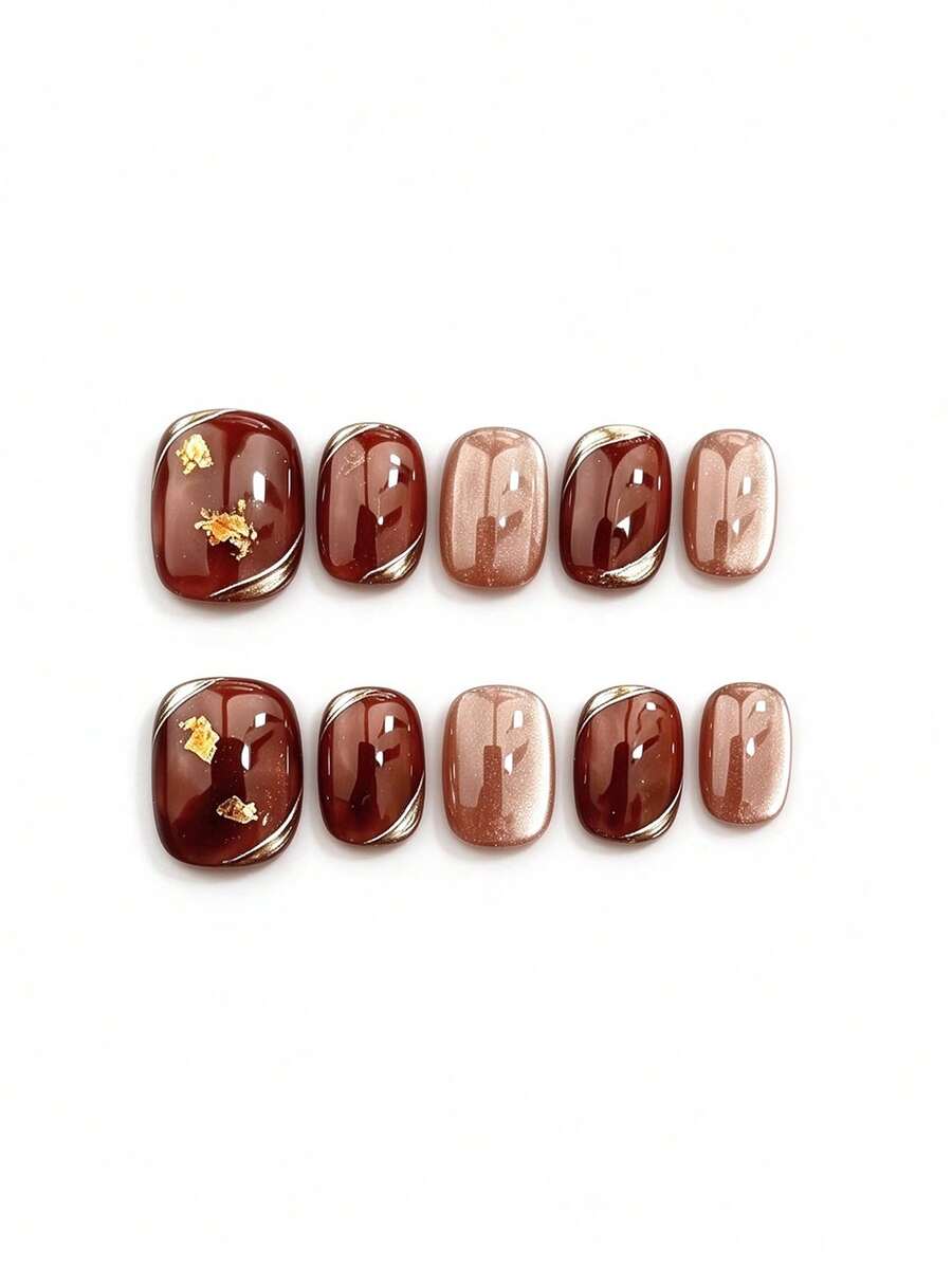 10pcs Short Square Press On Nail, Fall Winter Burgundy Red Fake Nail ...