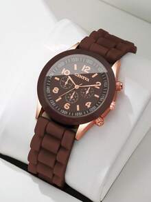 Women's Fashion Gentle Style Watch, Silicone Strap Three-Eye Digital Scale Dial Quartz Wristwatch, Gift For Girlfriend (1pc/Set) Watch Box Not Included - Brown - View 1