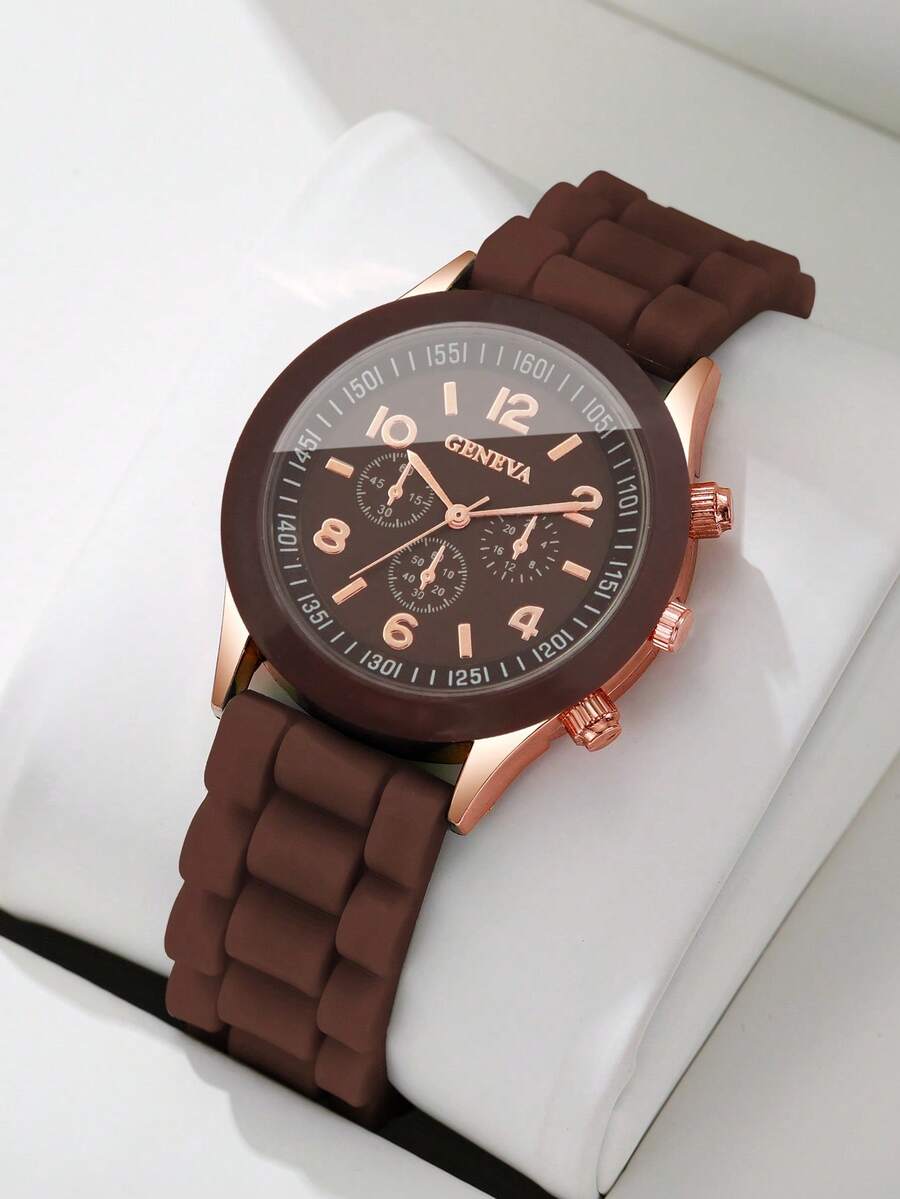 Women's Fashion Gentle Style Watch, Silicone Strap Three-Eye Digital Scale Dial Quartz Wristwatch, Gift For Girlfriend (1pc/Set) Watch Box Not Included - Brown - View 1