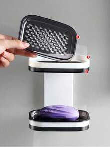 1pc Wall-Mounted Soap Holder, No-Drill Suction Cup Double-Layer Drainage Rack, Bathroom Soap Storage Shelf - Black - View 5