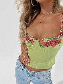 Women's Autumn Solid Color Floral Embroidered Spaghetti Strap V-Neck Boned Waist Short Fitted Satin Bustier, Y2K, Rave, Party, Birthday - Green - View 2