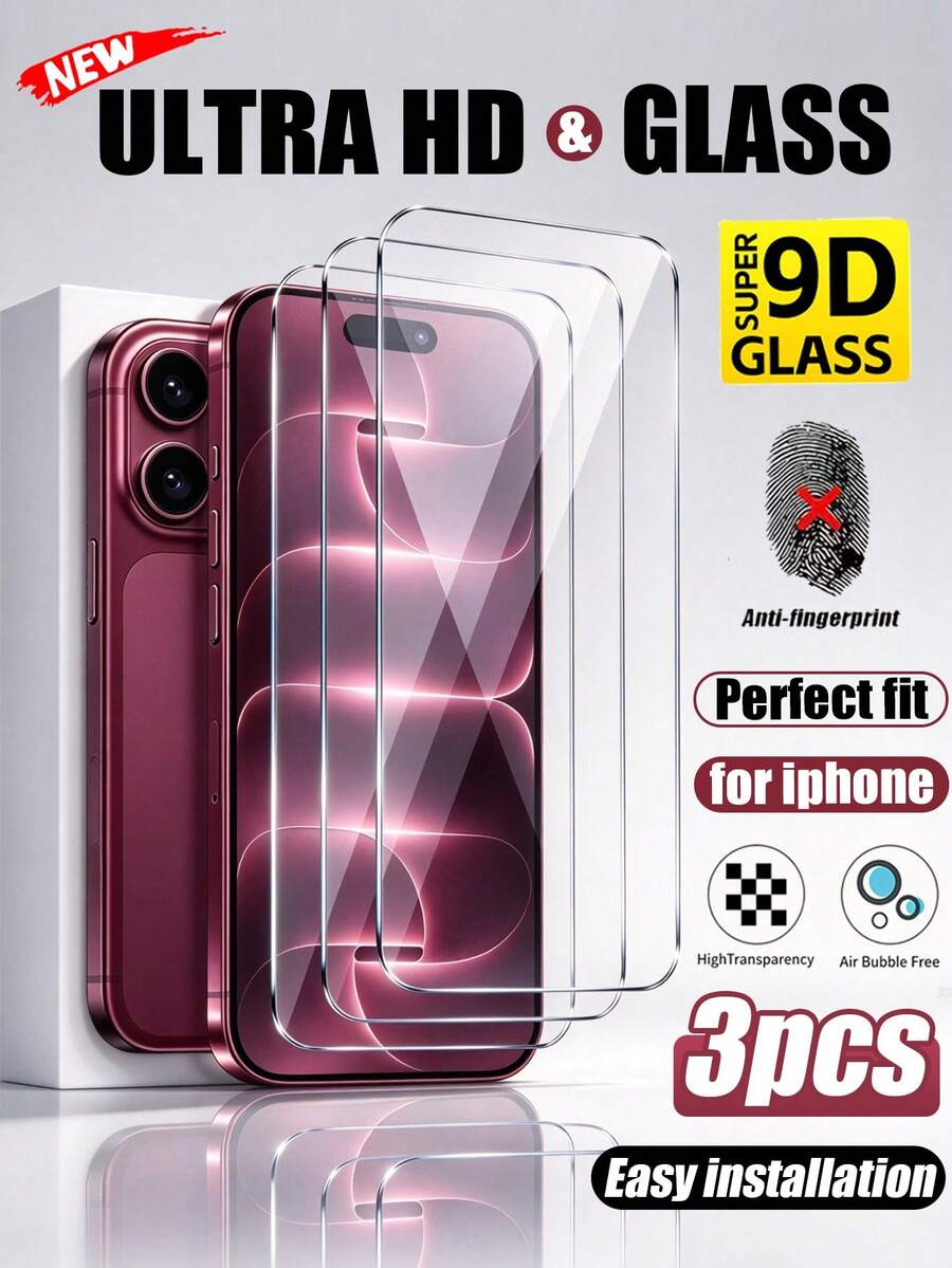 3pcs Full Coverage Tempered Glass Screen Protector, Anti-Collision Anti-Scratch, Smooth Surface, Easy Installation, Crystal Clear, Smooth Touch, 9H Hardness, Compatible With IPhone Duo/18 Pro Max/18 Pro/18/17e/17 Pro Max/17 Pro/17 Air/17/16 Pro Max/16 Pro/16 Plus/16/15 Pro Max/15/14/13/12/11 And Other Models, Suitable Compatible With Iphone Screen Protector - Clear - View 1