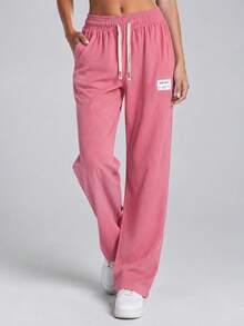 Women's Solid Color Corduroy Wide Leg Pants With Elastic Drawstring Waist - Pink - View 9