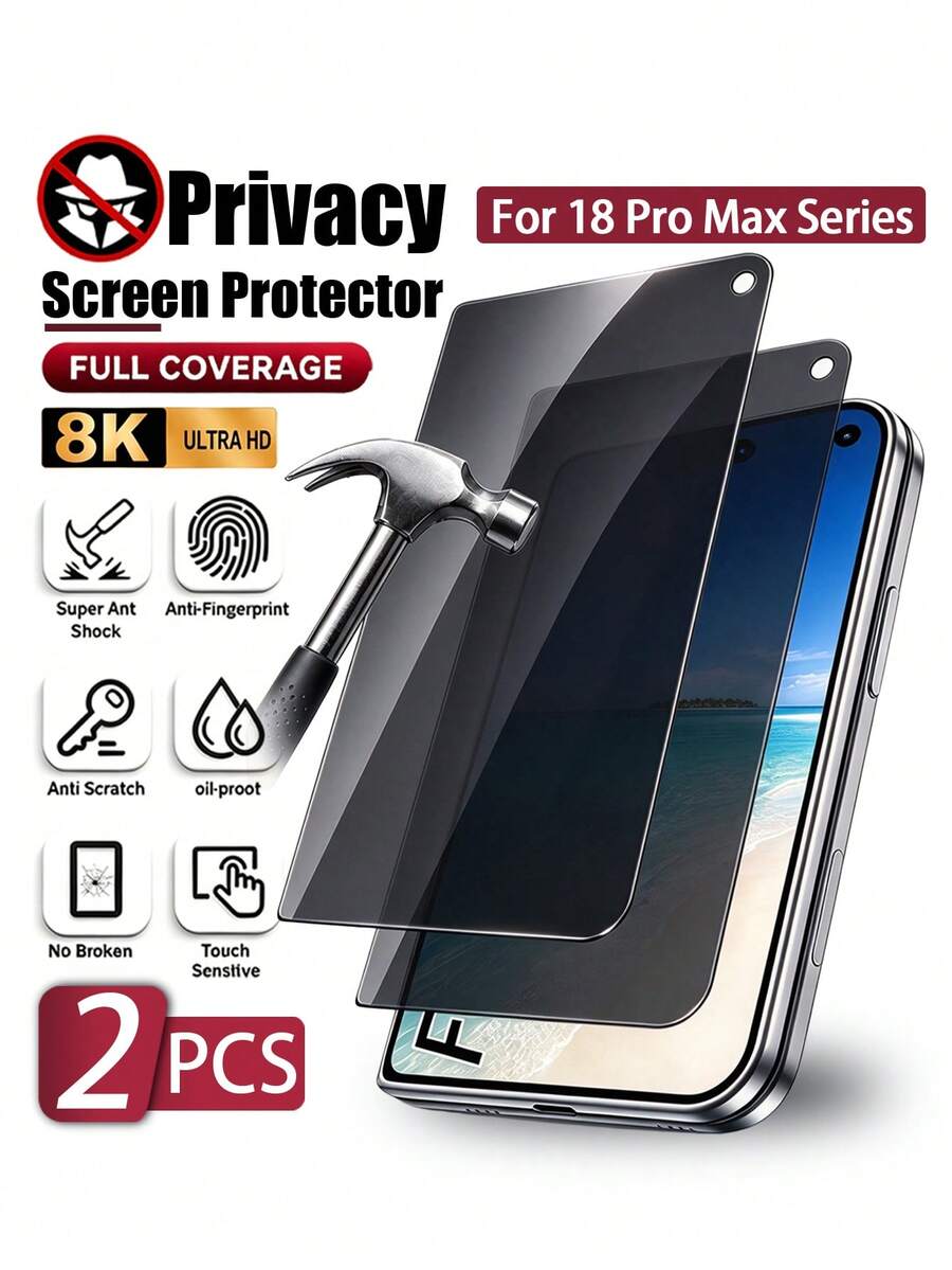 MSRI 2pcs/Pack, Full Coverage Privacy Anti-Peeping Tempered Glass Screen Protector, 9H High Hardness Glass Base, Reinforced Edges, Shatter-Resistant, No Color Distortion, Dust-Proof, Anti-Fingerprint, Smooth Touch, Compatible With IPhone Duo/18 Pro/18 Pro Max/18/17e/17 Pro Max/17 Pro/17Air/17/16 Pro Max/16 Pro/16 Plus/16/15 Pro Max/15/14/13/12/11 And Other Models - Black - View 1
