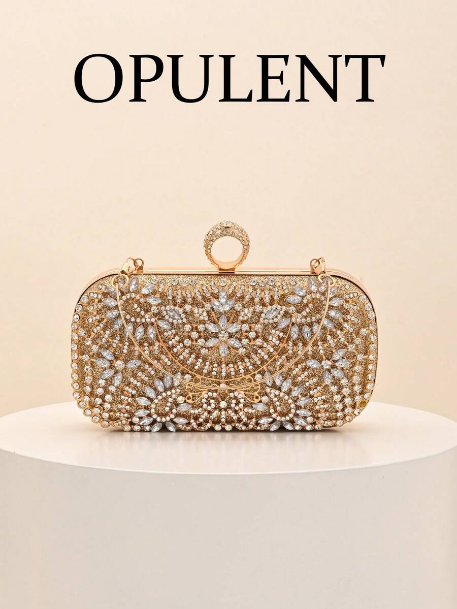 1pc Luxurious Rhinestone Floral Evening Clutch, Exquisite Full Rhinestone Heavy Craftsmanship, With Handle Ring For Crossbody Wear, Wedding Banquet Party Dress Matching, Light Luxury High-End Women's Evening Bag - Gold - View 1