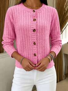 Cardigan de punto acanalado rosa para mujer, suéter de punto de manga larga con cuello redondo y botones delanteros, longitud regular, adecuado para otoño/invierno - Rosa - Ver 5