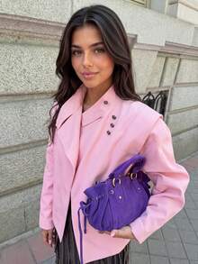 Women's Asymmetric Collar Oversized Short Jacket, Decorative Buttons, Dropped Shoulder Loose Fit, Solid Pink Autumn Streetwear Coat - Pink - View 1