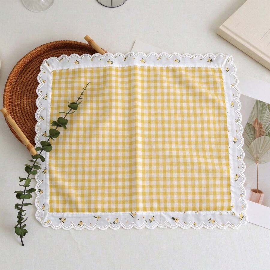 1/4pcs Korean Ins Style Yellow Plaid Classic Art Small Yellow Flower Lace Table Mat Napkin, Suitable For Wedding, Valentine's Day, Home Use And More - Multicolor - View 1