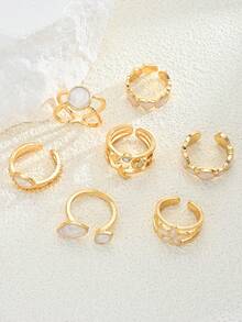 7pcs Fashion Minimalist Elegant Flower Heart Star Moon Sun Drip Oil Rings Set For Women, Suitable For Vacation, Date, Party, Ball, Banquet, Festival, Birthday Gift, Daily Wear (No Box) - Yellow Gold - View 8