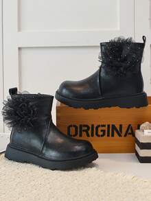 Girls' Ankle Boots, Mesh Flower Decoration, Side Zipper, Thick Sole Anti-Slip, Autumn/Winter Princess Boots - Black - View 6