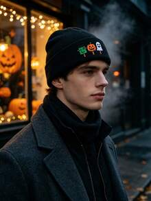 Men's Halloween Embroidered Knit Hat, , Pumpkin, Ghost And Ice Cream Pattern Winter Beanie - A - View 2