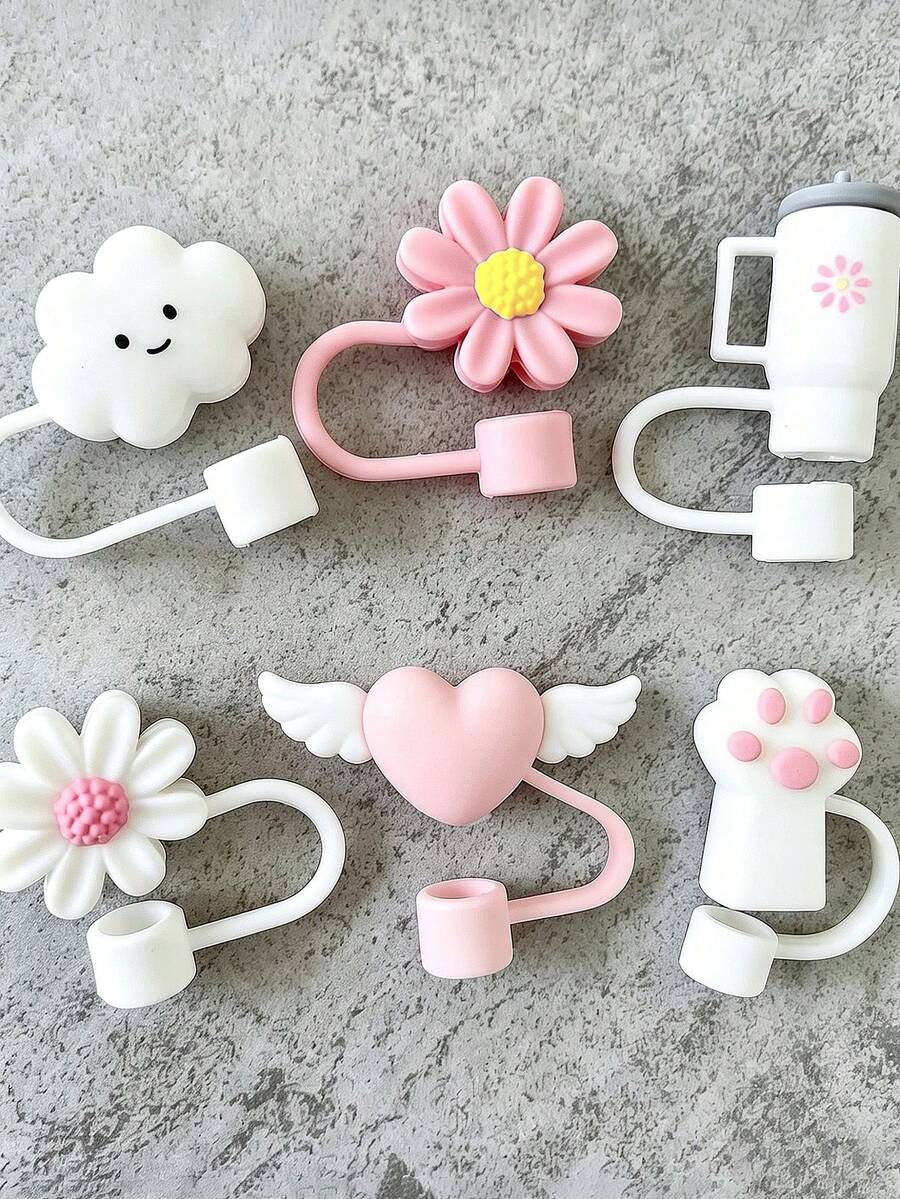 2/4/6pcs Straw Protective Caps Decorative Accessories, Dust-Proof Reusable Straw Covers, Compatible With Straws, Suitable For Women And Girls, Fashion Accessory, Gift, Souvenir, Back To School Gift, Graduation Gift, And Outdoor Activities Like Camping - Multicolor - View 1