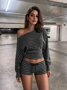 VINOVA Women's Elegant Grey Set Knit Striped Off-Shoulder Ruched Crop Top & Drawstring Shorts Set, Fall Winter 2026, Dating, Home, Christmas Outfits - Dark Grey - View 3