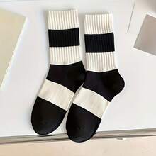 1/5/10/15Pairs Assorted Crew Socks, Black & White Tone With Star Print And Striped Designs, 5 Unique Styles, Ribbed Knit, Soft Breathable, Minimalist Preppy Style For Daily Wear And School Outfits Wholesale Random - Multicolor - View 3