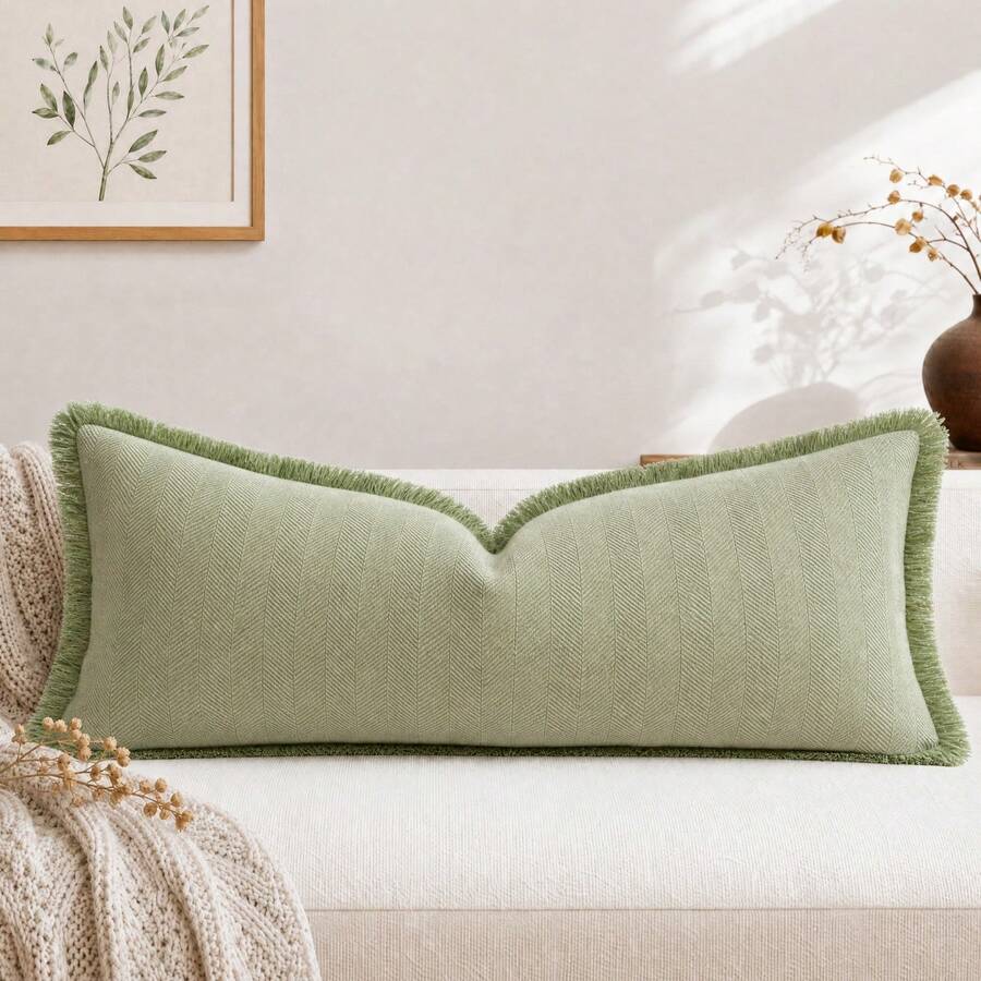 1pc Sage Green Chenille Lumbar Pillow Case 14X36 Inch, Herringbone Texture Tassel Edge Long Pillow Cover, Sofa Bedroom Bed Head Decorative Cushion Cover, Pillow Insert Not Included - Green - View 1